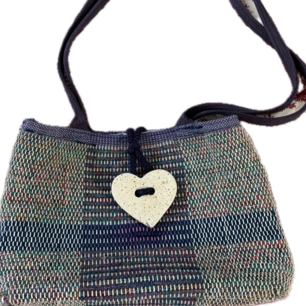 Art to Wear Upcycled Handbag of Woven Blue Textiles & Heart Shaped Rock Clasp